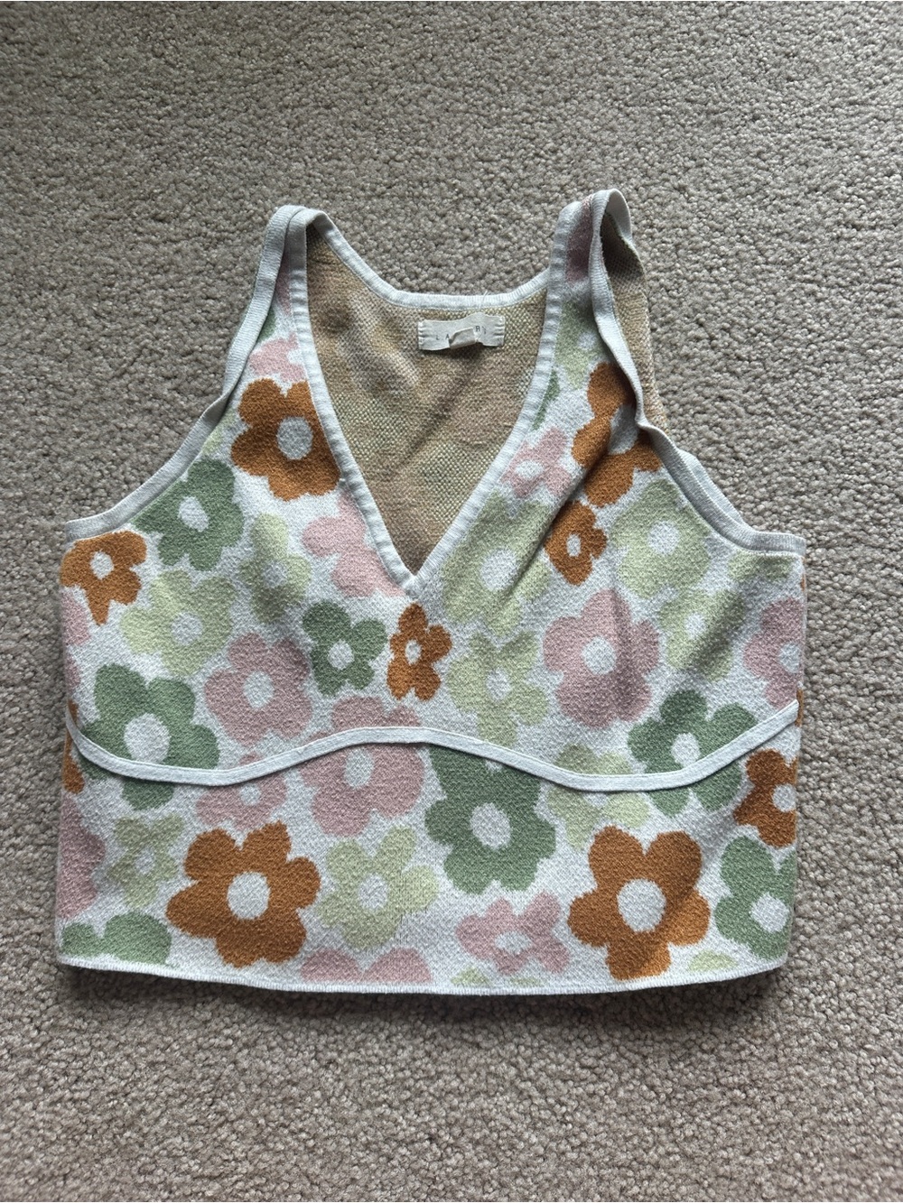 La Hearts Floral Knit V-Neck Crop Tank in Sage, Pink & Mustard